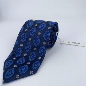 Eton Tie Mens One Size Navy Patterned Silk Classic Fit Necktie Italy Made NWT